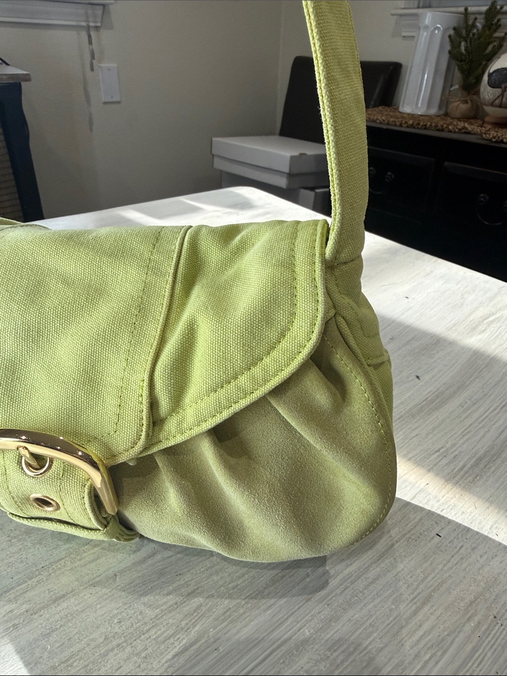 Y2K Source Unknown Lime Green Small Hobo Denim and Suede Bag with Gold Buckle - Picture 4 of 10